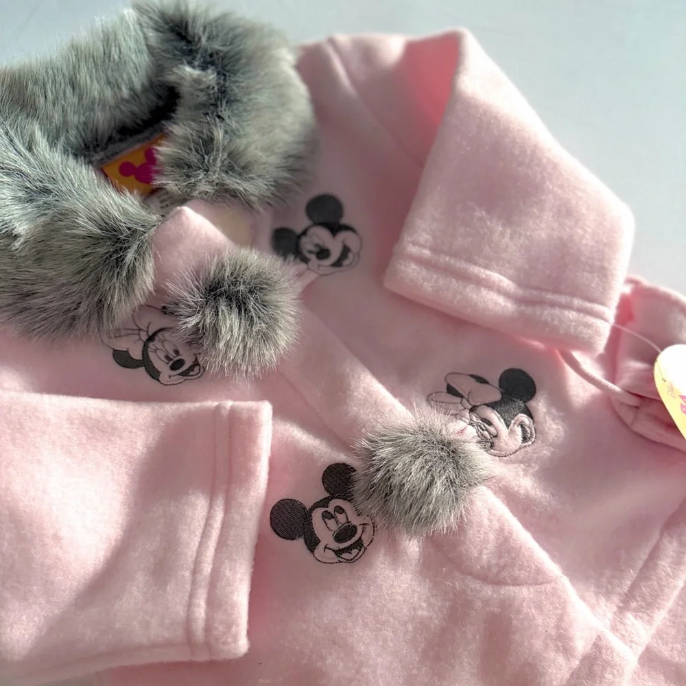 Vintage Y2K‎ Disney Baby Mickey Minnie Pink Fleece Set Faux Fur Coat Pants 12M